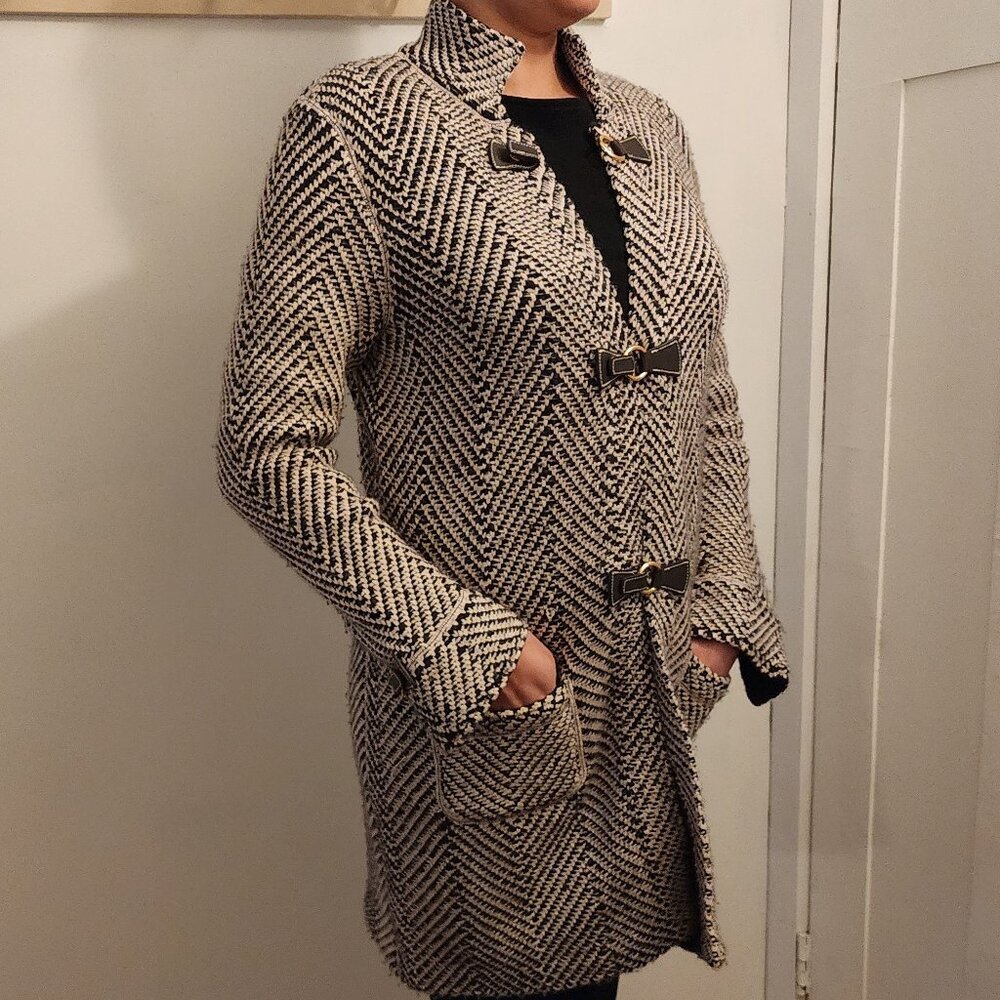 Carlisle Wool Cashmere Longline Cardigan Coatigan Herringbone Sz Large Pockets